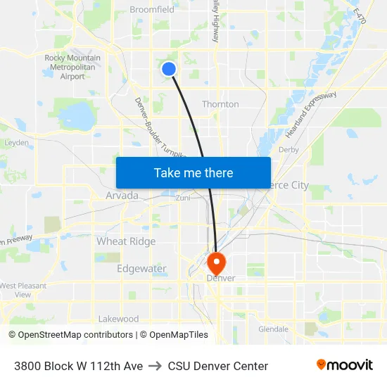 3800 Block W 112th Ave to CSU Denver Center map