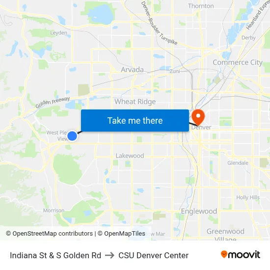Indiana St & S Golden Rd to CSU Denver Center map