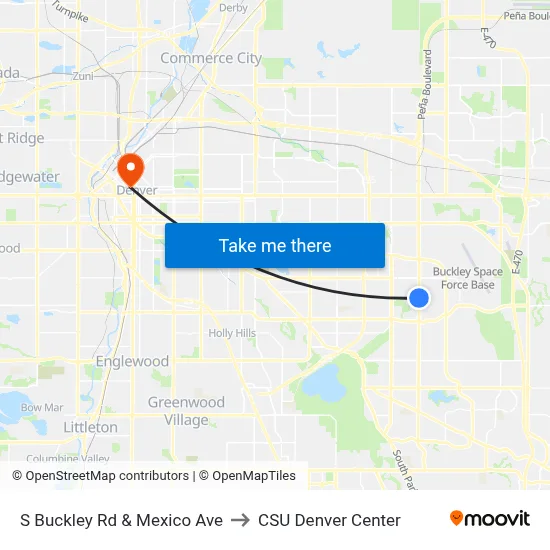 S Buckley Rd & Mexico Ave to CSU Denver Center map