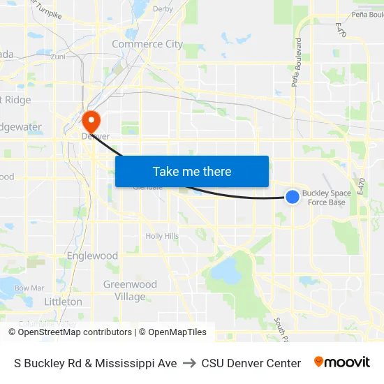 S Buckley Rd & Mississippi Ave to CSU Denver Center map