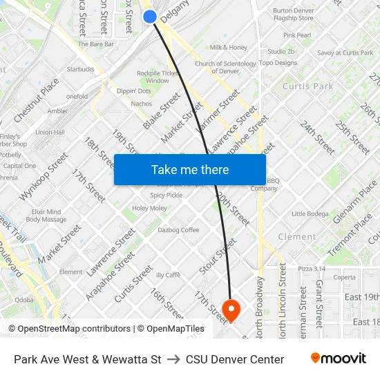 Park Ave West & Wewatta St to CSU Denver Center map