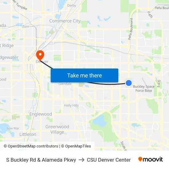 S Buckley Rd & Alameda Pkwy to CSU Denver Center map