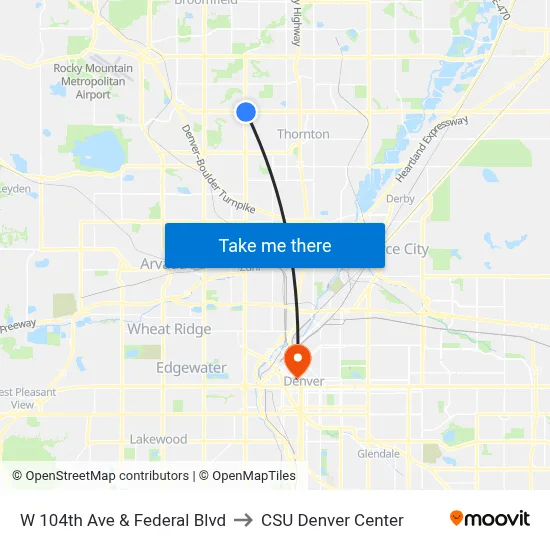W 104th Ave & Federal Blvd to CSU Denver Center map