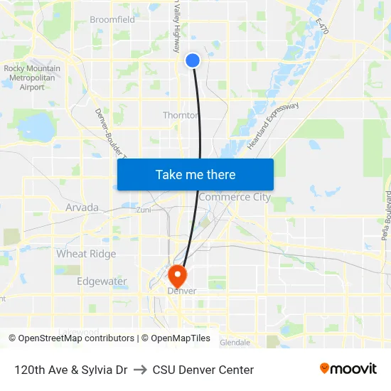 120th Ave & Sylvia Dr to CSU Denver Center map