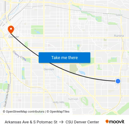 Arkansas Ave & S Potomac St to CSU Denver Center map