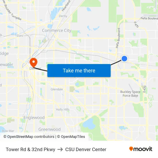 Tower Rd & 32nd Pkwy to CSU Denver Center map
