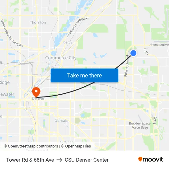 Tower Rd & 68th Ave to CSU Denver Center map
