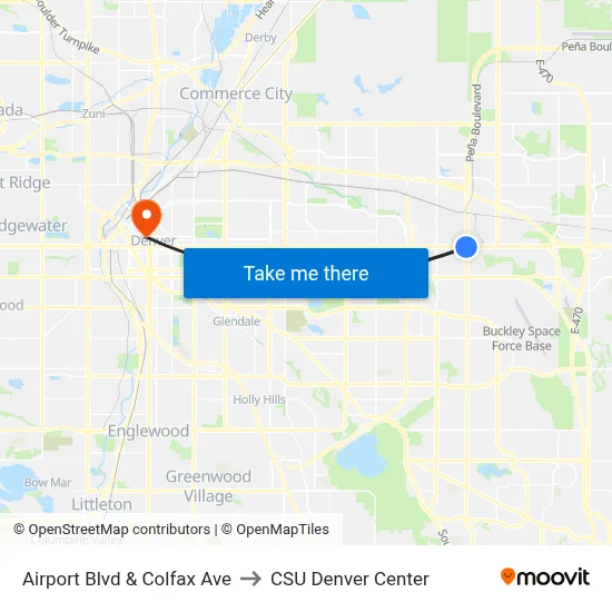 Airport Blvd & Colfax Ave to CSU Denver Center map