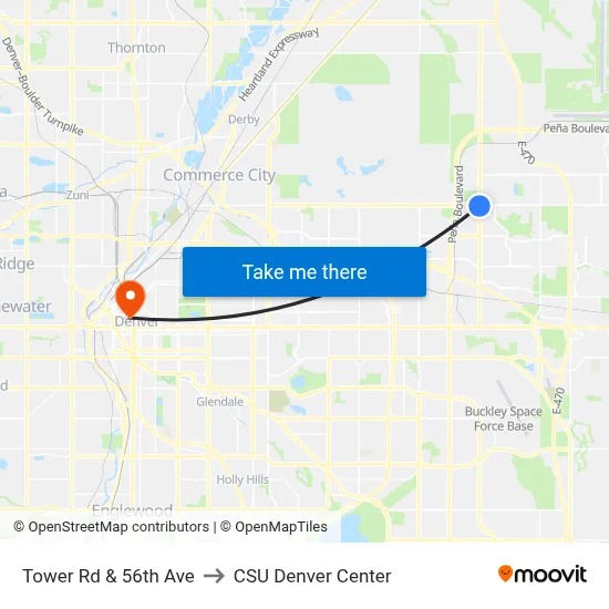 Tower Rd & 56th Ave to CSU Denver Center map