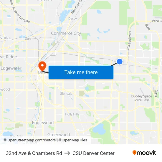 32nd Ave & Chambers Rd to CSU Denver Center map