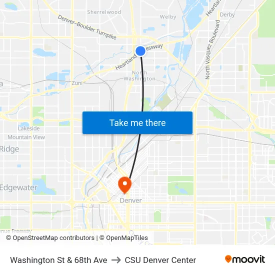 Washington St & 68th Ave to CSU Denver Center map