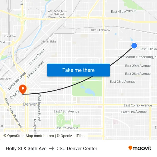 Holly St & 36th Ave to CSU Denver Center map