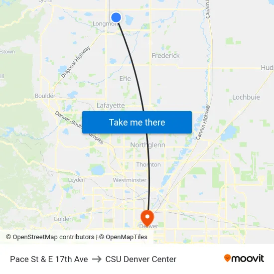 Pace St & E 17th Ave to CSU Denver Center map