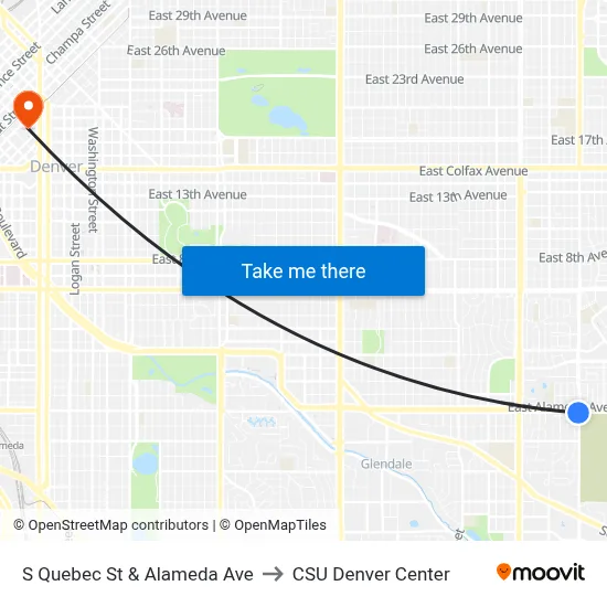 S Quebec St & Alameda Ave to CSU Denver Center map