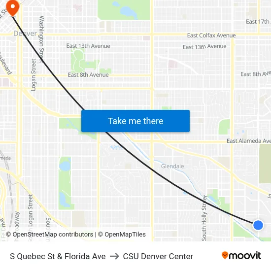 S Quebec St & Florida Ave to CSU Denver Center map