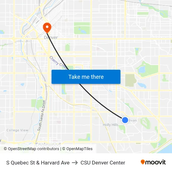 S Quebec St & Harvard Ave to CSU Denver Center map