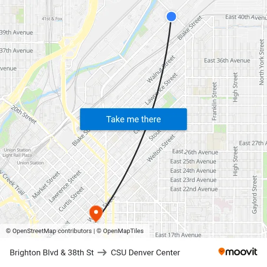 Brighton Blvd & 38th St to CSU Denver Center map