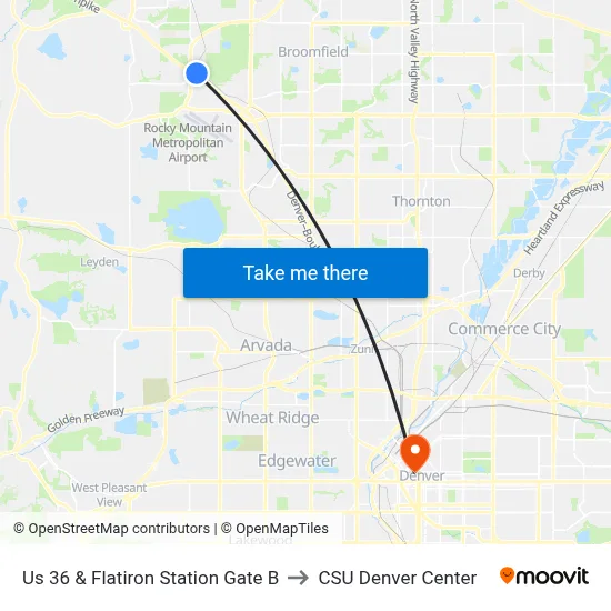 Us 36 & Flatiron Station Gate B to CSU Denver Center map