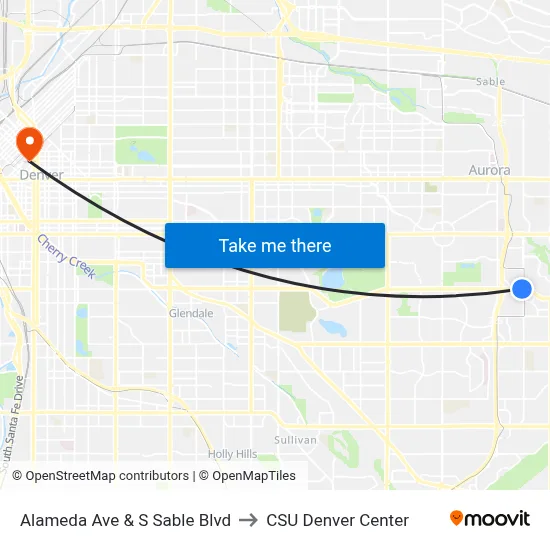 Alameda Ave & S Sable Blvd to CSU Denver Center map