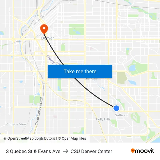 S Quebec St & Evans Ave to CSU Denver Center map