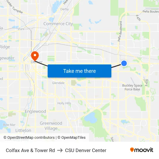 Colfax Ave & Tower Rd to CSU Denver Center map