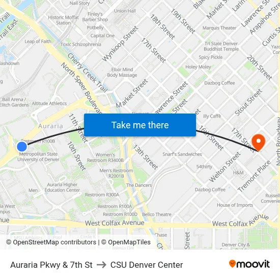 Auraria Pkwy & 7th St to CSU Denver Center map