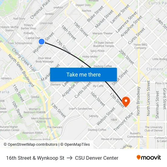 16th Street & Wynkoop St to CSU Denver Center map
