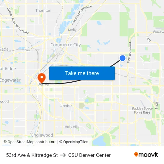 53rd Ave & Kittredge St to CSU Denver Center map