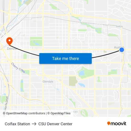 Colfax Station to CSU Denver Center map