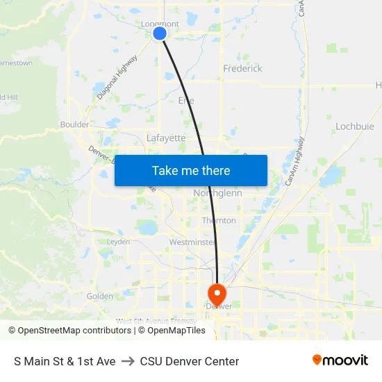 S Main St & 1st Ave to CSU Denver Center map