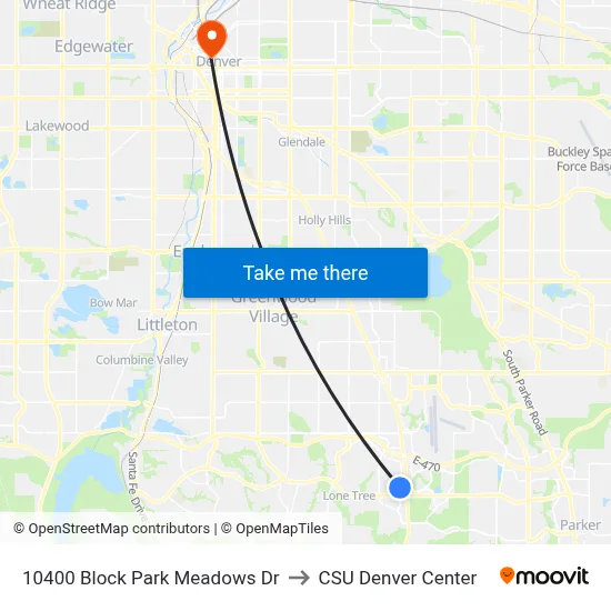 10400 Block Park Meadows Dr to CSU Denver Center map
