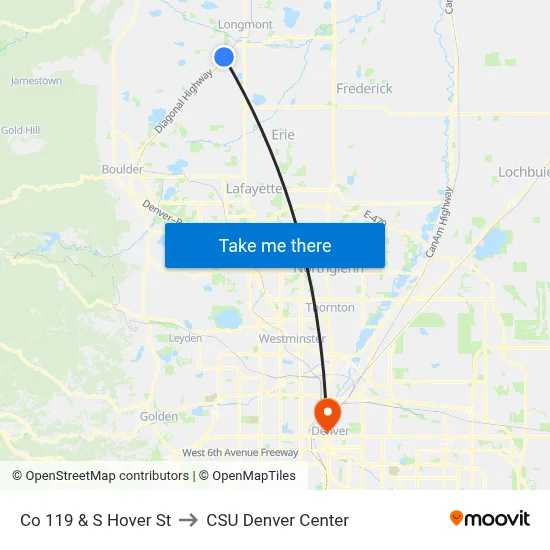 Co 119 & S Hover St to CSU Denver Center map