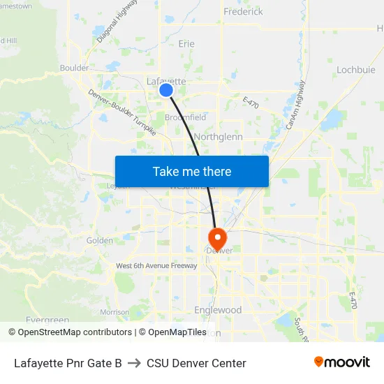 Lafayette Pnr Gate B to CSU Denver Center map