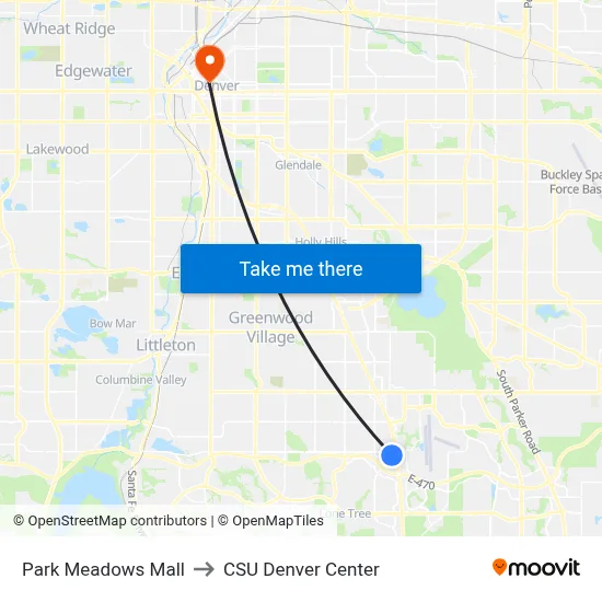 Park Meadows Mall to CSU Denver Center map