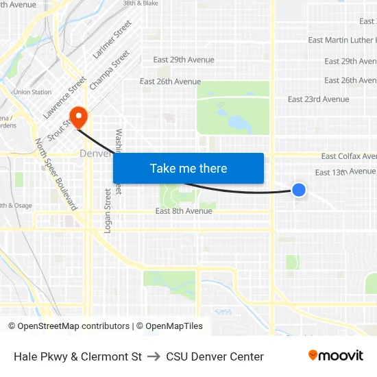 Hale Pkwy & Clermont St to CSU Denver Center map