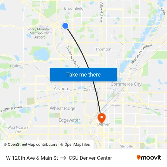 W 120th Ave & Main St to CSU Denver Center map