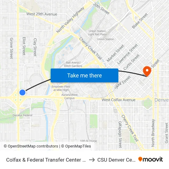 Colfax & Federal Transfer Center Gate C to CSU Denver Center map