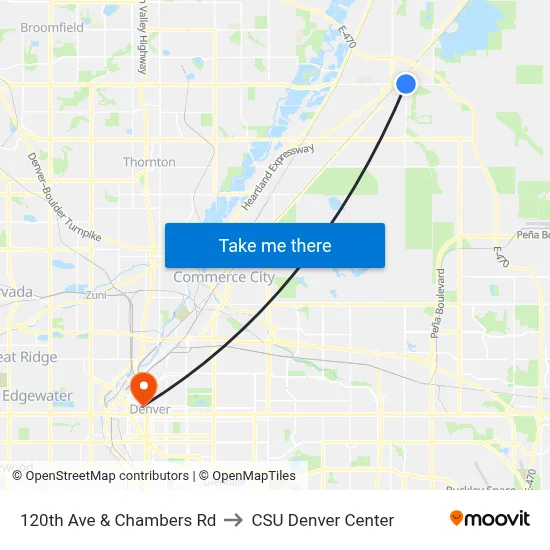 120th Ave & Chambers Rd to CSU Denver Center map