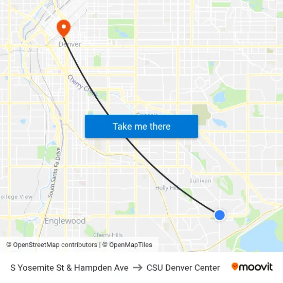 S Yosemite St & Hampden Ave to CSU Denver Center map
