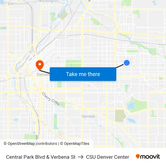 Central Park Blvd & Verbena St to CSU Denver Center map