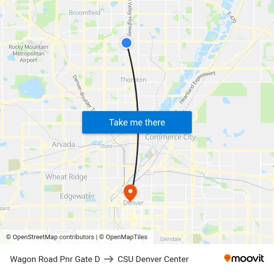 Wagon Road Pnr Gate D to CSU Denver Center map