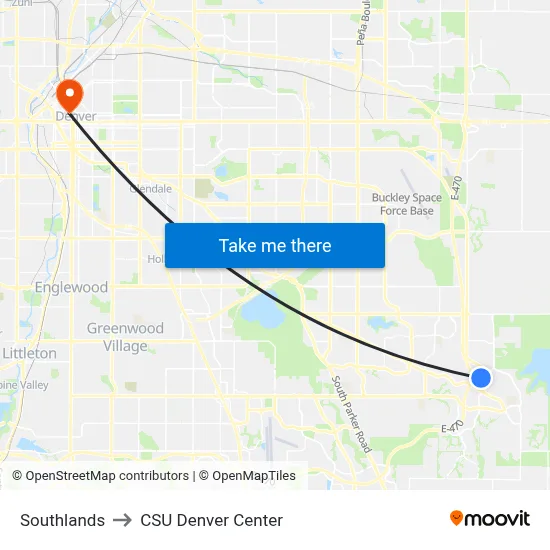 Southlands to CSU Denver Center map