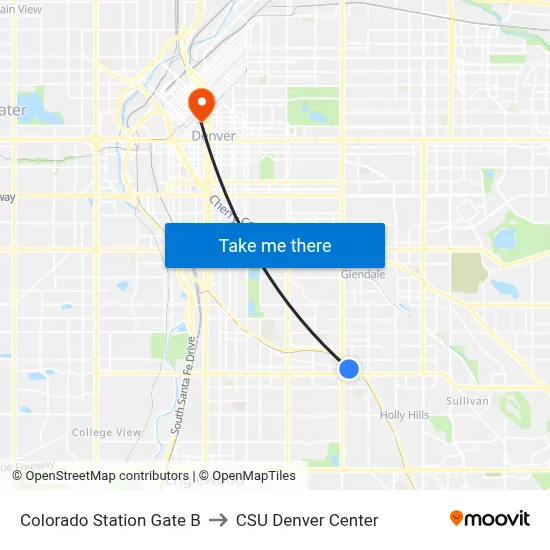 Colorado Station Gate B to CSU Denver Center map