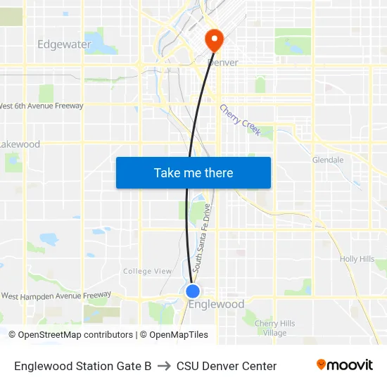 Englewood Station Gate B to CSU Denver Center map