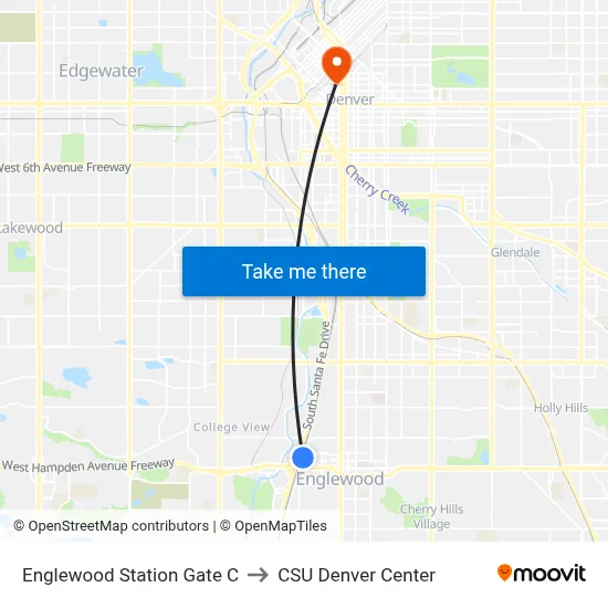 Englewood Station Gate C to CSU Denver Center map