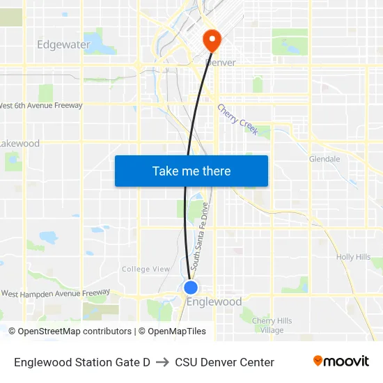 Englewood Station Gate D to CSU Denver Center map