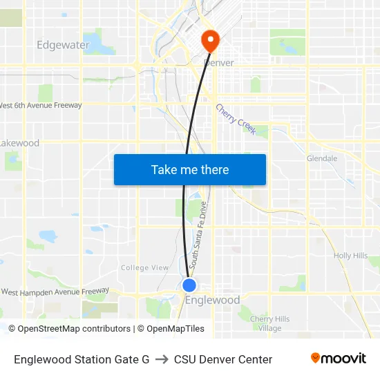 Englewood Station Gate G to CSU Denver Center map