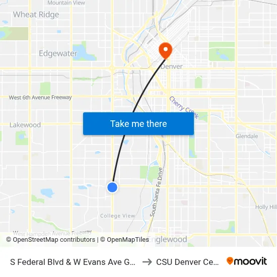 S Federal Blvd & W Evans Ave Gate B to CSU Denver Center map