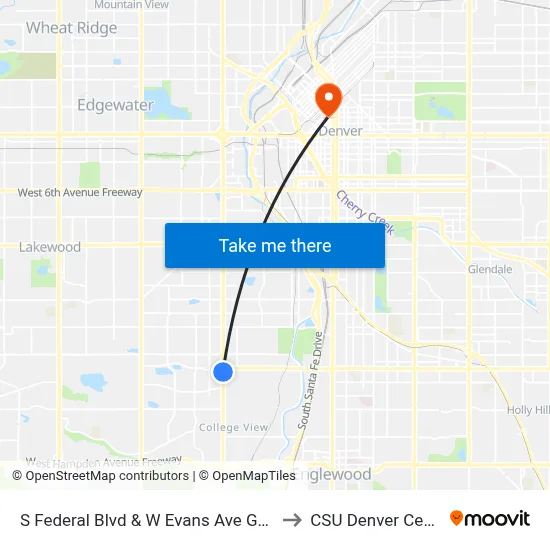 S Federal Blvd & W Evans Ave Gate D to CSU Denver Center map