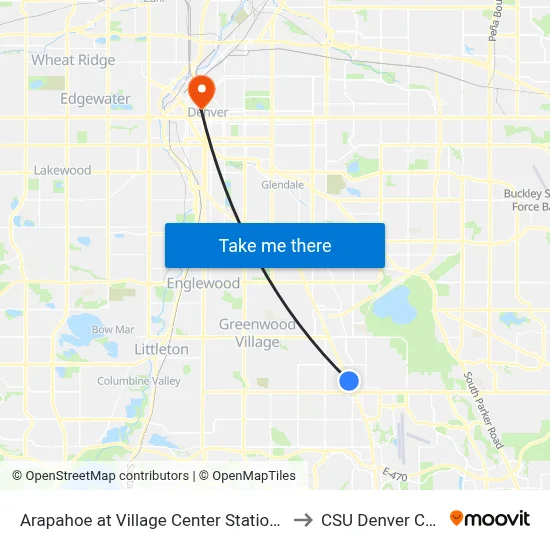 Arapahoe at Village Center Station Gate C to CSU Denver Center map